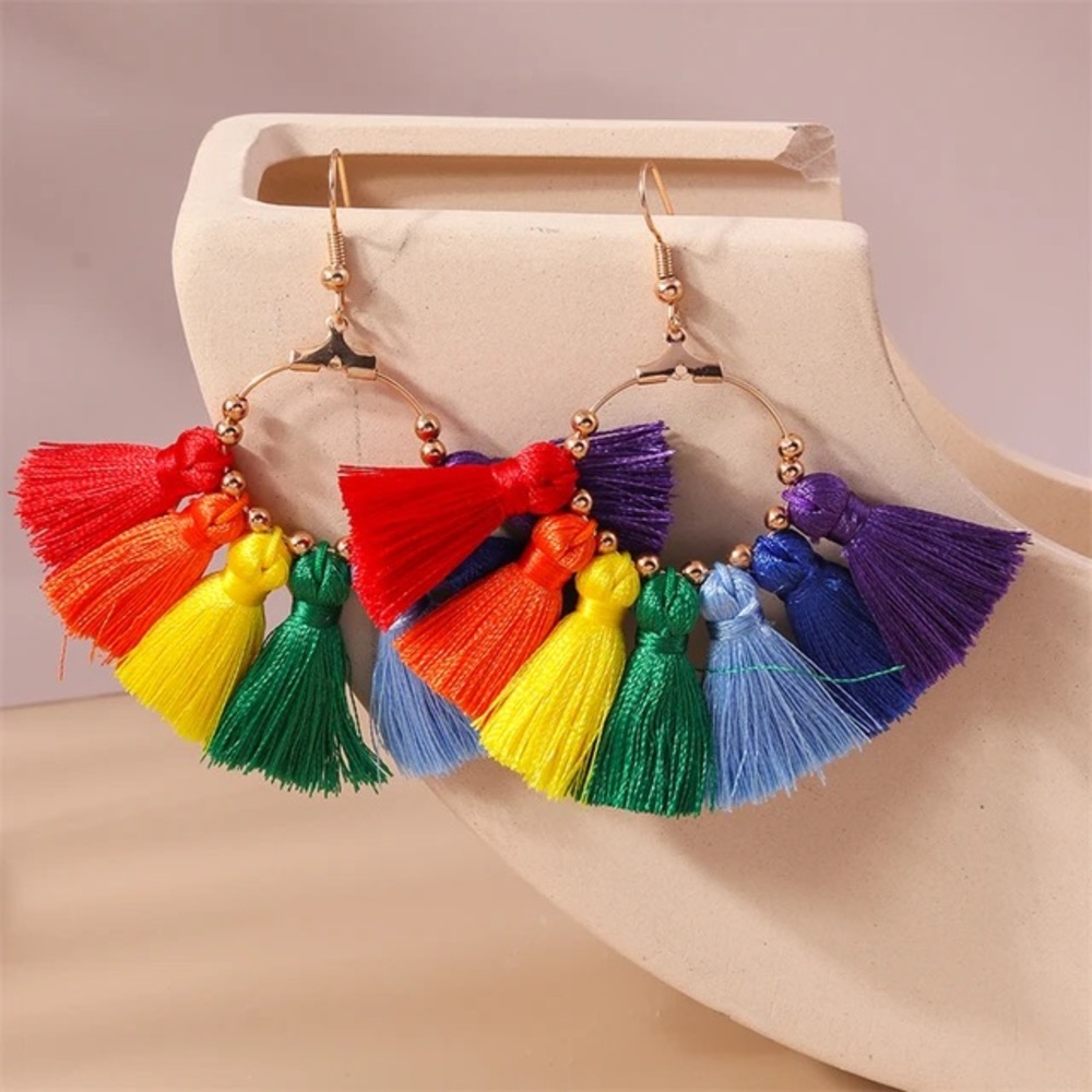 Rainbow Tassel Hoop Earrings